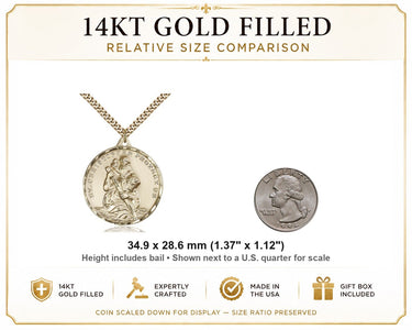 Collar de medalla de San Cristóbal grande de oro de 14kt | 1 3/8" x 1 1/8" | Cadena de 24" | Hecho en EE. UU. por Bliss