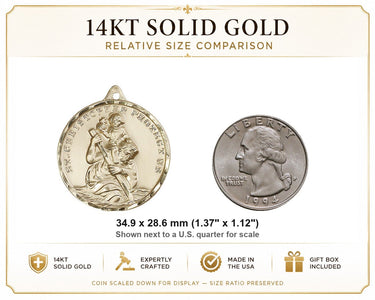 Colgante Medalla Grande de San Cristóbal Patrón de Oro Macizo de 14kt | 3.5 x 2.8 cm | Hecho en EE. UU. por Bliss