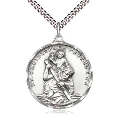 Large sterling silver St. Christopher patron saint medal necklace 1 3/8 x 1 1/8 inches with 24 inch chain by Bliss