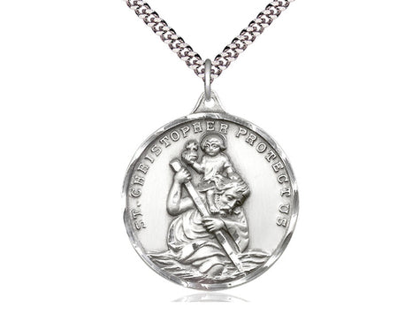 Large sterling silver St. Christopher patron saint medal necklace 1 3/8 x 1 1/8 inches with 24 inch chain by Bliss