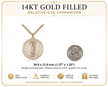 Collar de medalla de oro de 14 quilates de Nuestra Señora de Guadalupe grande | 3.5 cm x 3.2 cm | Cadena de 61 cm | Fabricado en EE. UU. por Bliss