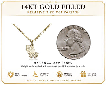 14kt Gold Filled Small Catholic Praying Hands Necklace | 3/8" Pendant | 18" Chain | USA Made by Bliss