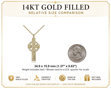 14kt Gold Filled Large Kilklispeen Celtic Cross Necklace | 1 3/8" x 5/8" | 18" Chain | USA Made by Bliss