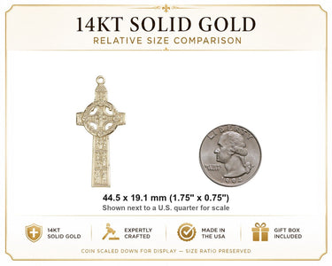 Colgante de oro macizo de 14 quilates con cruz católica grande | Medalla grabada de 1 3/4 x 3/4 | Hecho en EE. UU. por Bliss