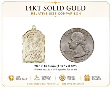 Colgante de medalla mediana de la Madre de Dios de oro macizo de 14 quilates | 1-1/8" x 5/8" | Hecho a mano en EE. UU. por Bliss