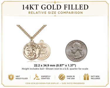 14kt Gold Filled Medium St. Michael Army Medal Necklace | 7/8 x 1 3/8 Pendant | 24" Curb Chain | USA Made by Bliss