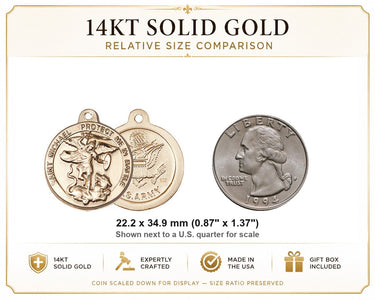14kt Solid Gold Medium St. Michael Archangel Patron Saint Medal Pendant | 7/8" x 1-3/8" Army | Handcrafted in USA by Bliss