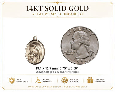 Medalla con colgante de oro macizo de 14 quilates de la Virgen y el Niño, tamaño mediano | 3/4 x 1/2 | Hecha a mano en EE. UU. por Bliss