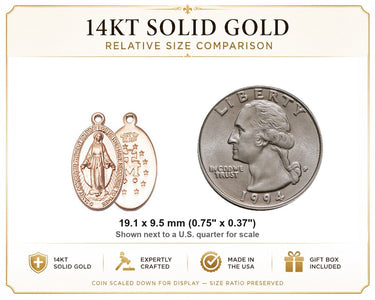 Medalla Milagrosa de oro macizo de 14 quilates, mediana | 1.9 cm x 0.95 cm | Hecho a mano en EE. UU. por Bliss