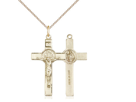 14kt gold filled medium St. Benedict crucifix necklace with 1 1/8 x 5/8 inch pendant on 18 inch chain by Bliss