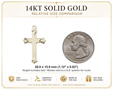 14kt Solid Gold Medium Catholic Cross Pendant | 1 1/8 x 5/8 | Handcrafted in USA by Bliss