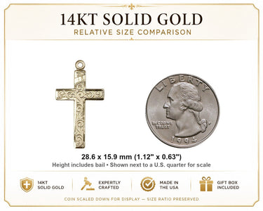 14kt Solid Gold Medium Cross Pendant | 1 1/8" x 5/8" | Handcrafted in USA by Bliss
