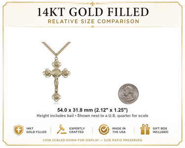 Large 14kt Gold Filled Rosebud Tip Crucifix Necklace – 24″ Chain