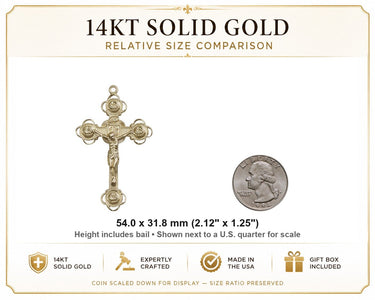 Large 14kt Solid Gold Rosebud Tip Crucifix Pendant