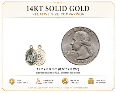 Colgante pequeño de la Medalla Milagrosa de oro macizo de 14 quilates | 1/2" x 1/4" | Hecho a mano en EE. UU. por Bliss