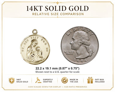 Colgante de Medalla de Santa Ana Mediana de Oro Macizo de 14kt | 7/8" x 3/4" | Hecho a Mano en EE. UU. por Bliss