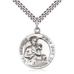 Sterling silver St. Gerard medal necklace with 24-inch chain, 7/8 x 3/4 inches, handcrafted by Bliss