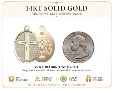 Colgante de cruz de técnico de emergencias médicas católico mediano de oro macizo de 14 quilates | 1 1/8 x 3/4 | Fabricado en EE. UU. por Bliss