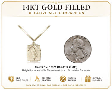 Collar con medalla pequeña de Nuestra Señora de Guadalupe laminado en oro | Dije de 5/8 x 1/2 | Cadena de 18" | Hecho en EE. UU. por Bliss
