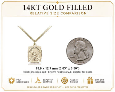 Collar de medalla de Santa Juana de Arco de oro de 14 quilates, pequeña | Dije de 1.5 cm x 1.2 cm | Cadena tipo "Curb" de 45 cm | Hecho en EE. UU. por Bliss