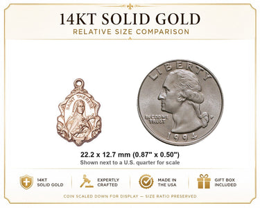 Medalla/Colgante de Oro Macizo de 14kt de Santa Teresa de Lisieux, Patrona, tamaño mediano | 2,22 cm x 1,27 cm | Hecha a mano en EE. UU. por Bliss