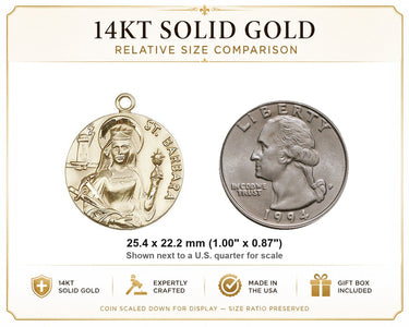 14kt Solid Gold Medium St. Barbara Catholic Medal Pendant | 1" x 7/8" | USA Made by Bliss