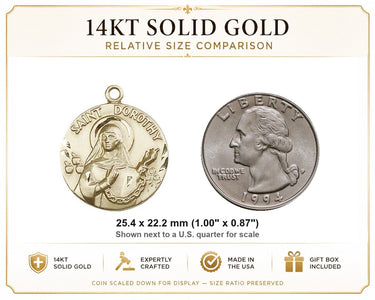 Colgante de Medalla de Santa Dorotea Mediana de Oro Sólido de 14kt | 1x7/8" | Hecho a Mano en EE. UU. por Bliss