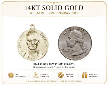 14kt Solid Gold Medium Pope Pius X Medal Pendant | 1" x 7/8" | Handcrafted in USA by Bliss