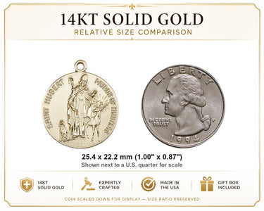 14kt Solid Gold Medium St. Hubert of Liege Patron Saint Medal Pendant | 1" x 7/8" | USA Made by Bliss