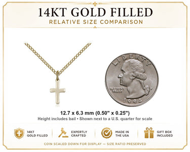 14kt Gold Filled Small Catholic Cross Necklace | 1/2 x 1/4 Pendant | 18" Chain | USA Made by Bliss