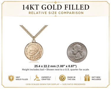 Collar con Medalla Mediana de San Juan Pablo II, Patrono, de Oro Relleno de 14 kt | 2.54 cm x 2.22 cm | Cadena de 60.96 cm | Hecho en EE. UU. por Bliss