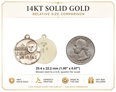 14kt Solid Gold Medium St. John Paul II Patron Saint Medal Pendant | 1" x 7/8" | Handcrafted in USA by Bliss