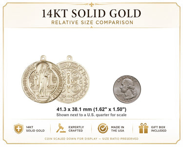 Colgante Medalla de San Benito Grande de Oro Macizo de 14kt | 1 5/8 x 1 1/2 | Fabricado en EE. UU. por Bliss