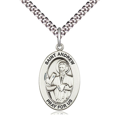 Sterling Silver Medium St. Andrew the Apostle Patron Saint Medal Necklace | 1" x 1/2" | 24" Chain | USA Made by Bliss