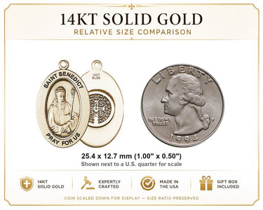 Colgante de Medalla Mediana de San Benito de Oro Macizo de 14kt | 1 x 1/2 | Fabricado en EE. UU. por Bliss