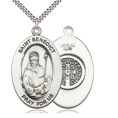 Sterling Silver St. Benedict Medal Necklace | 1" x 1/2" Pendant | 24" Chain | USA Made by Bliss