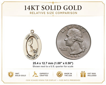 Medalla de oro macizo de 14 quilates de Santa Cecilia, patrona 2,54 cm x 1,27 cm | Hecha a mano en EE. UU. por Bliss