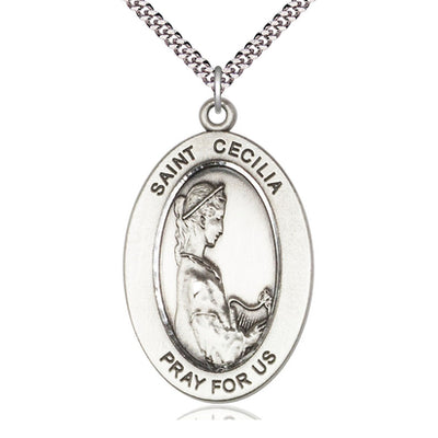 Sterling Silver Medium St. Cecilia Patron Saint Medal Necklace | 1" x 1/2" | 24" Chain | USA Made by Bliss