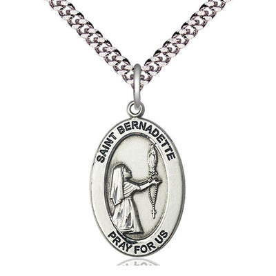 Sterling Silver Medium St. Bernadette Patron Saint Medal Necklace | 1 x 1/2" Pendant | 24" Chain | USA Made by Bliss