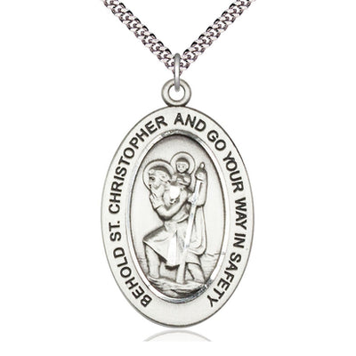 Sterling Silver Medium St. Christopher Patron Saint Medal Necklace | 1"x1/2" | 24" Chain | Bliss