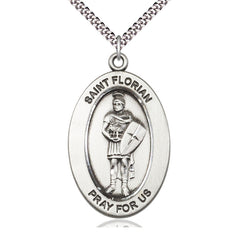 Sterling silver St. Florian patron saint medal necklace, 1 inch medal on 24 inch curb chain, Bliss Manufacturing
