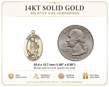 14kt Solid Gold Medium St. Hubert of Liege Medal Pendant | 1" x 1/2" | USA Made by Bliss