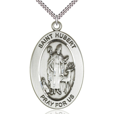 Sterling Silver Medium St. Hubert of Liege Patron Saint Medal Necklace | 1" x 1/2" | 24" Chain | USA Made by Bliss