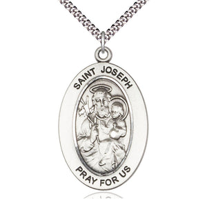 Collar de medalla de San José, patrón, de plata de ley, tamaño mediano | 2,5 cm x 1,3 cm | Cadena de 61 cm | Hecho en EE. UU. por Bliss