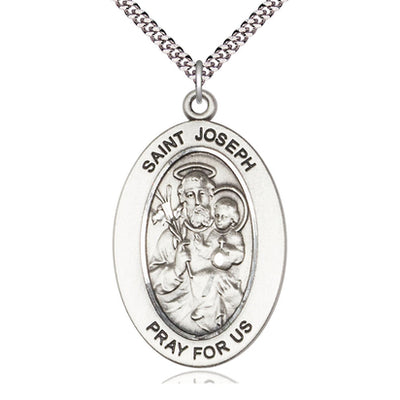 Sterling Silver Medium St. Joseph Patron Saint Medal Necklace | 1" x 1/2" | 24" Chain | USA Made by Bliss
