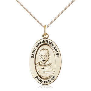 Collar de medalla de San Maximiliano Kolbe, patrón, mediana, rellena de oro de 14 quilates | 2,54 cm x 1,27 cm | Cadena de 45,72 cm | Hecho en EE. UU. por Bliss
