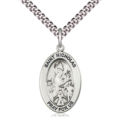 Sterling Silver Medium St. Nicholas Patron Saint Medal Necklace | 1"x1/2" | 24" Chain | USA Made by Bliss
