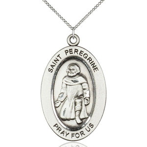 Collar con Medalla Mediana de Plata de Ley de San Peregrino Laziosi Patrón | 1x1/2 | Cadena de 18