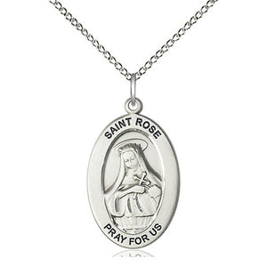 Collar con Medalla Mediana de Plata Esterlina de Santa Rosa de Lima Patrona | 2,5 cm x 1,3 cm | Cadena de 45 cm | Hecho en EE. UU. por Bliss