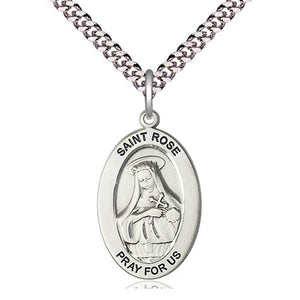 Collar de medalla de plata de ley mediana de Santa Rosa de Lima, patrona | 2,54 cm x 1,27 cm | Cadena de 61 cm | Fabricado en EE. UU. por Bliss